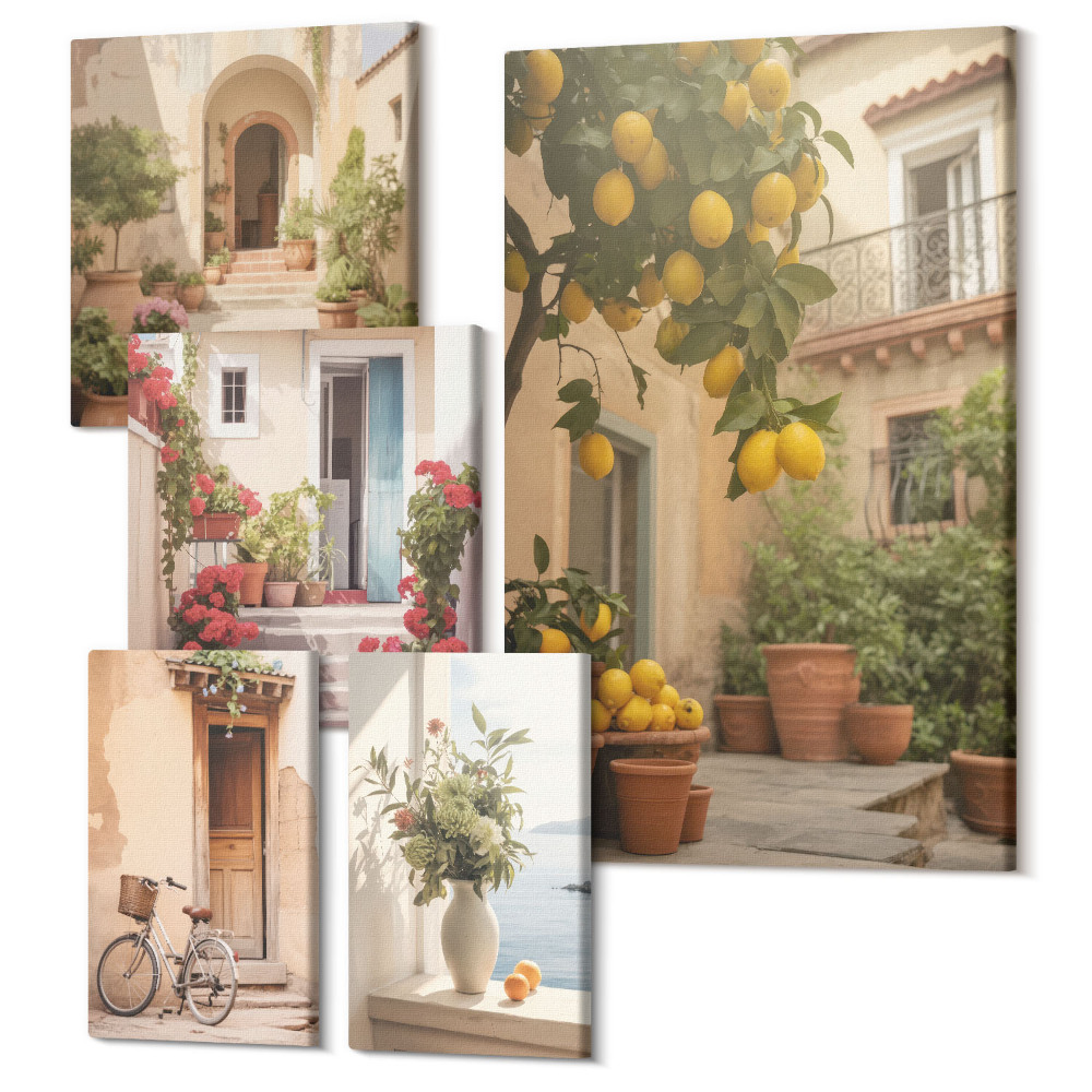 Tablouri canvas set 5 piese Străzi atmosferice cu flori și citrice în stil provensal