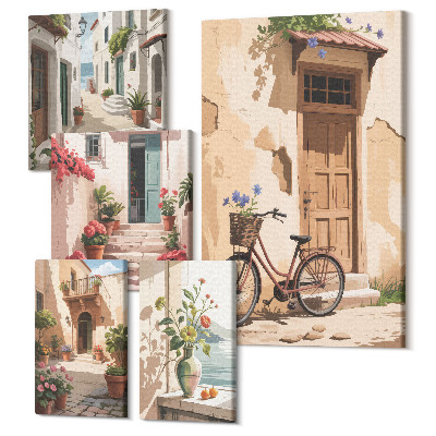 Tablou din 5 piese Străzi fermecătoare cu biciclete și flori în ghiveci