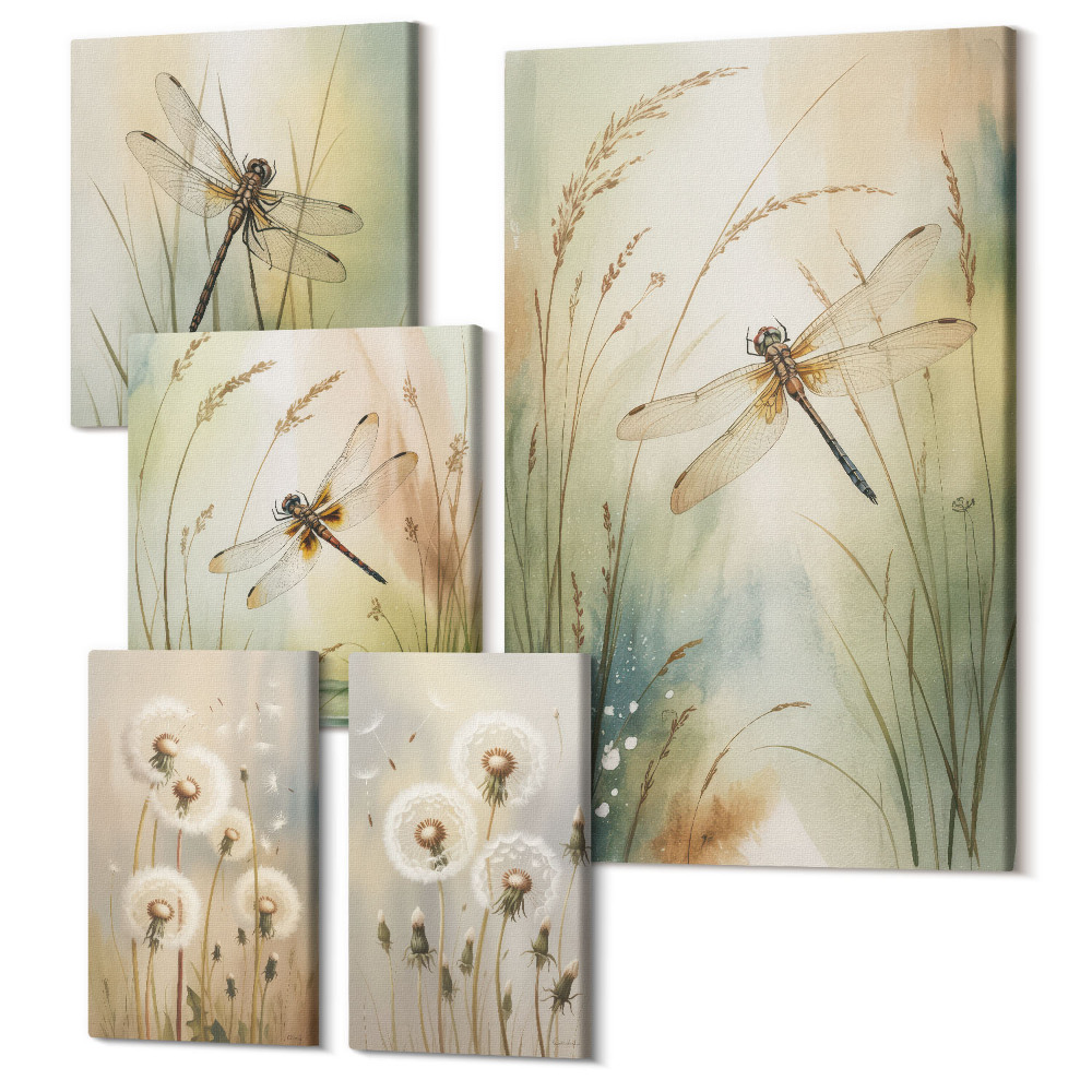Tablouri canvas set 5 piese Motive naturale cu libelule și păpădie în stil boho