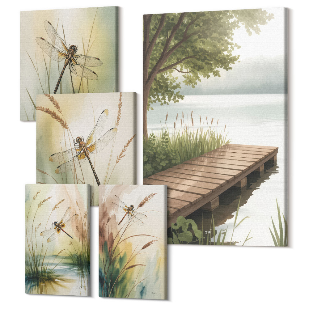 Tablou din 5 piese Peisaje liniștite cu libelule deasupra apei și țărmului
