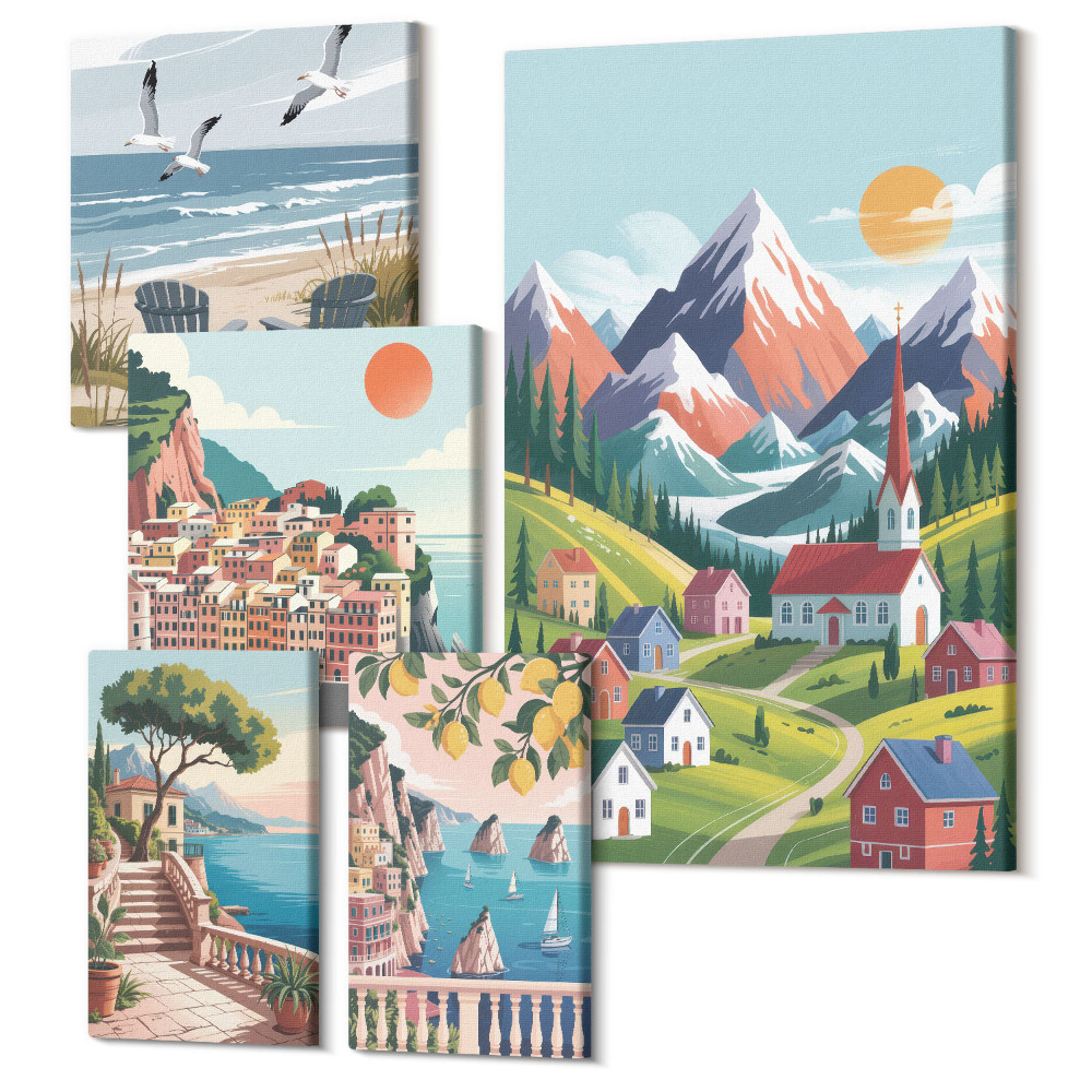 Tablou din 5 piese Peisaje de munte și litoral în stil retro