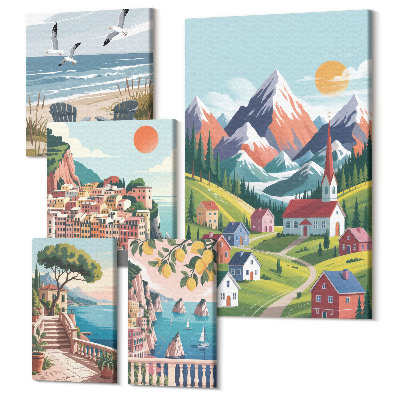 Tablou din 5 piese Peisaje de munte și litoral în stil retro