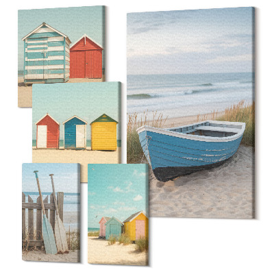 Set tablouri 5 piese Vederi la mare, case colorate și bărci pe plajă