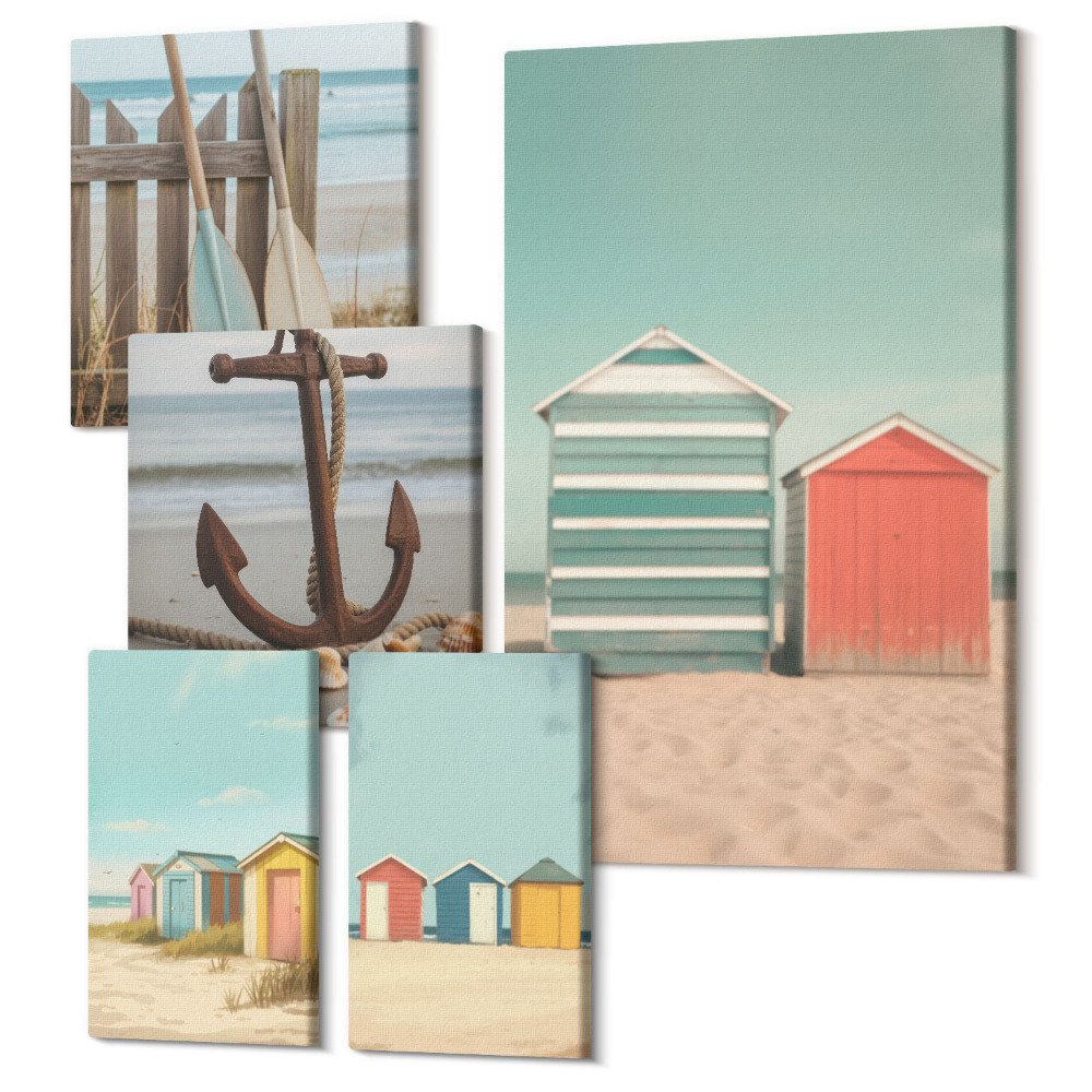 Tablouri canvas set 5 piese Case de plajă elegante cu elemente și accesorii nautice