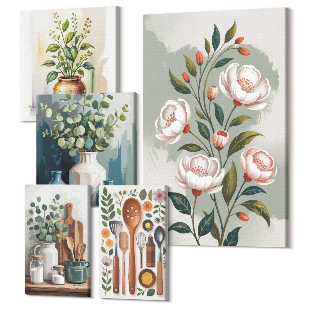 Tablou din 5 piese Decoratiuni elegante cu motive vegetale si accesorii de bucatarie