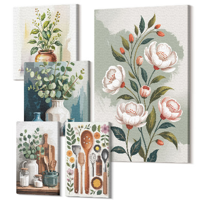 Tablou din 5 piese Decoratiuni elegante cu motive vegetale si accesorii de bucatarie