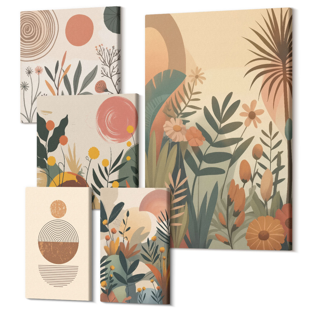 Tablouri canvas set 5 piese Motive vegetale în stil boho cu detalii abstracte