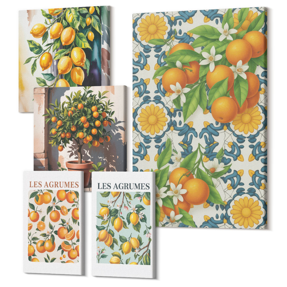 Tablouri canvas set 5 piese Inspirații de citrice cu fructe și flori într-un stil vintage