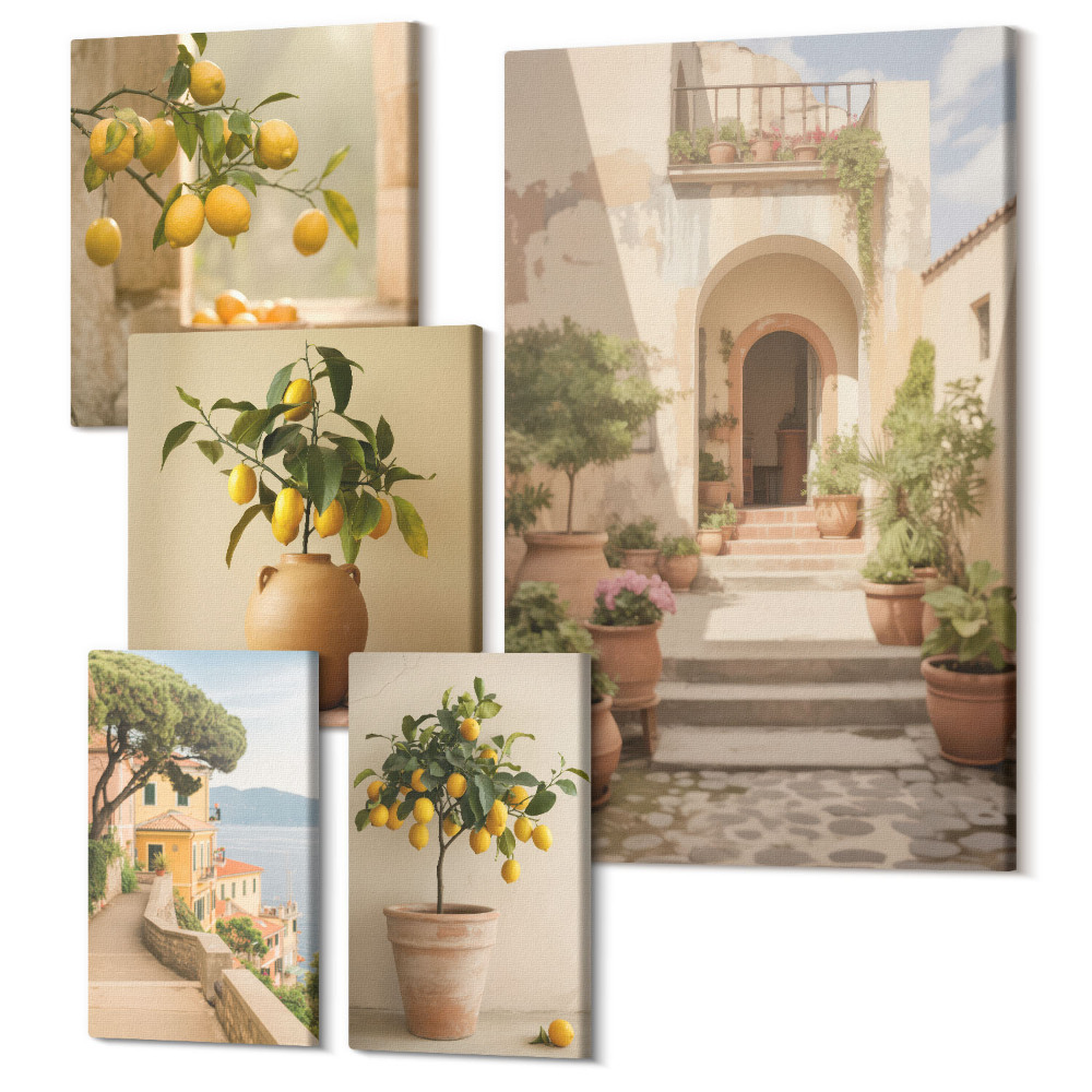 Tablouri canvas set 5 piese Decoratiuni elegante cu citrice într-un cadru rustic