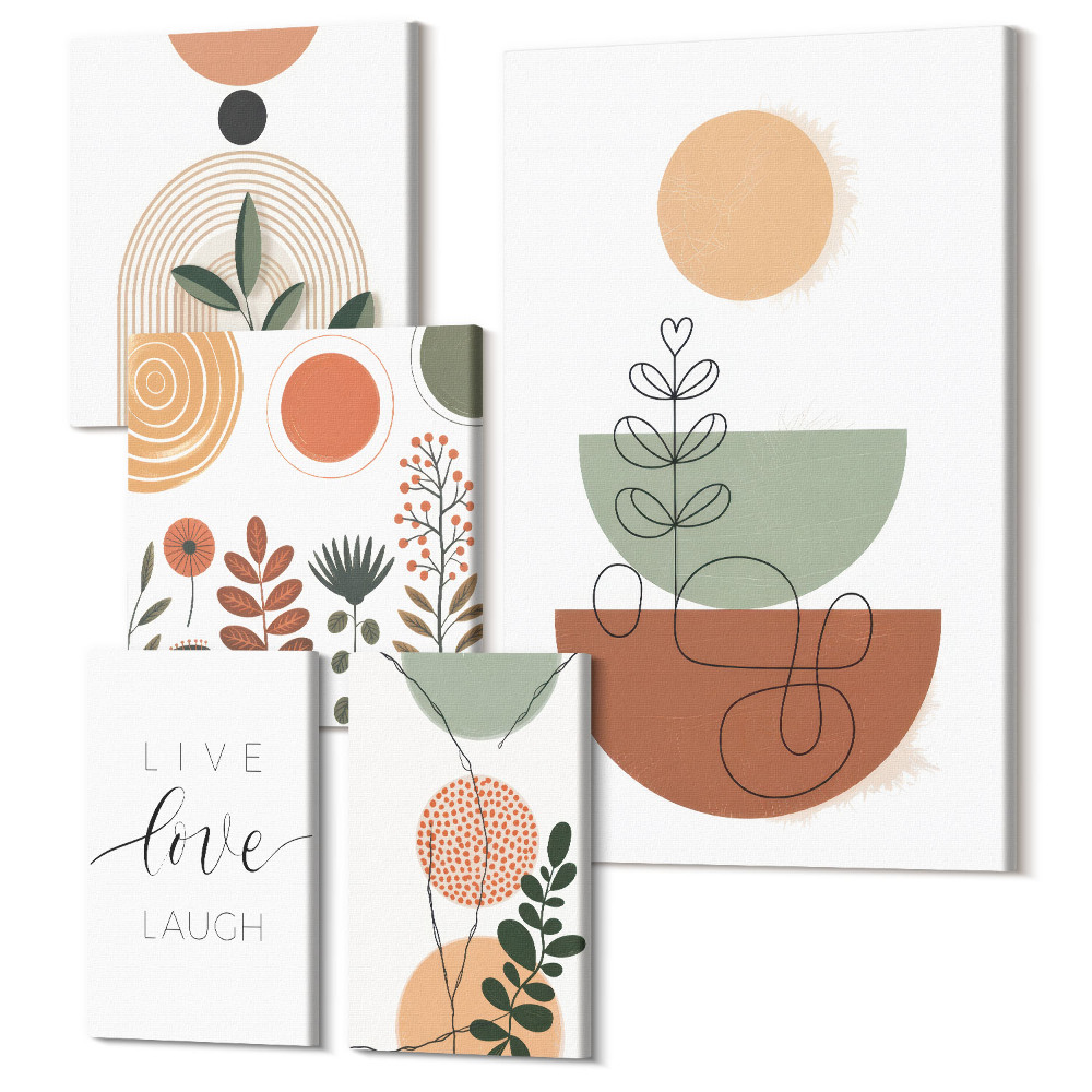 Set tablouri 5 piese Grafică elegantă cu motive vegetale și forme geometrice