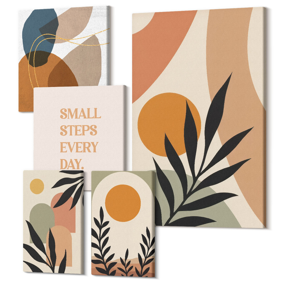 Tablou din 5 piese Grafică elegantă cu motive vegetale și forme abstracte