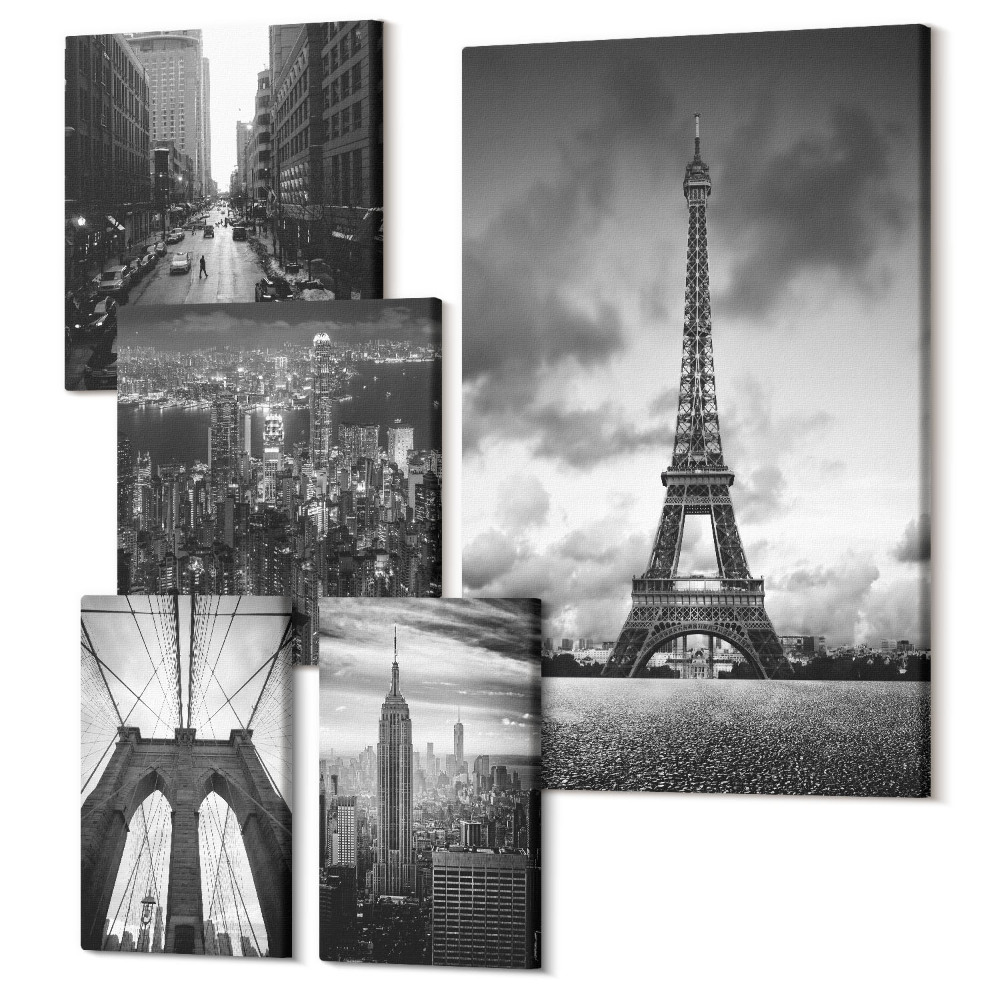 Tablouri canvas set 5 piese Icoane arhitecturale alb-negru din orașe din întreaga lume