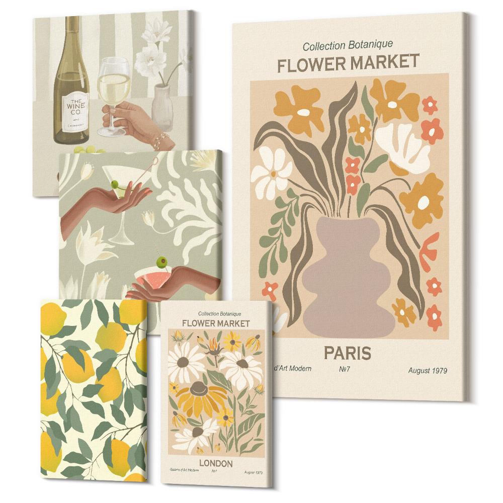 Tablou din 5 piese Piețe florale și accente de fructe de epocă