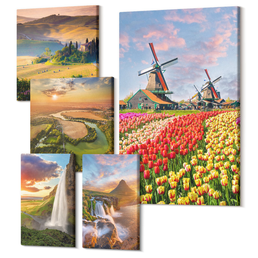 Tablou din 5 piese Peisaje naturale cu cascade și mori de vânt în fundal