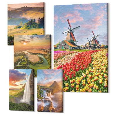 Tablou din 5 piese Peisaje naturale cu cascade și mori de vânt în fundal
