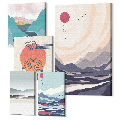Tablou din 5 piese Peisaje montane abstracte și forme geometrice