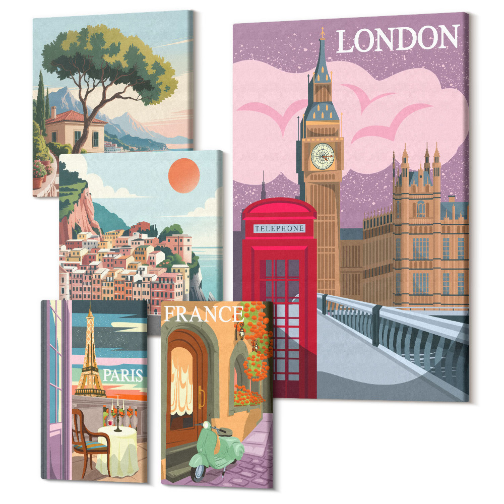 Set tablouri 5 piese Orașe europene, icoane ale culturii și arhitecturii