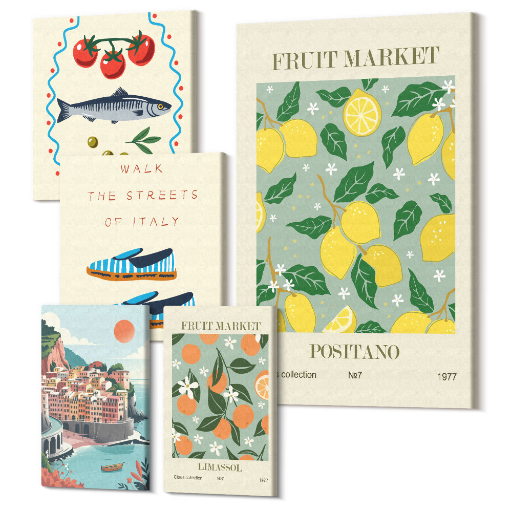 Set tablouri 5 piese O colecție de fructe și piețe locale din Italia și Marea Mediterană