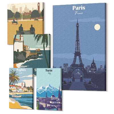 Tablouri canvas set 5 piese Orașele europene și icoanele lor turistice retro