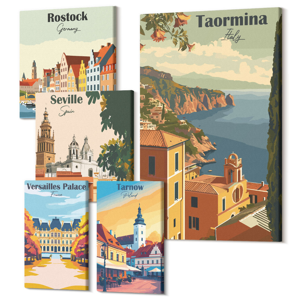 Tablouri canvas set 5 piese Peisaje ale orașelor europene cu icoane arhitecturale