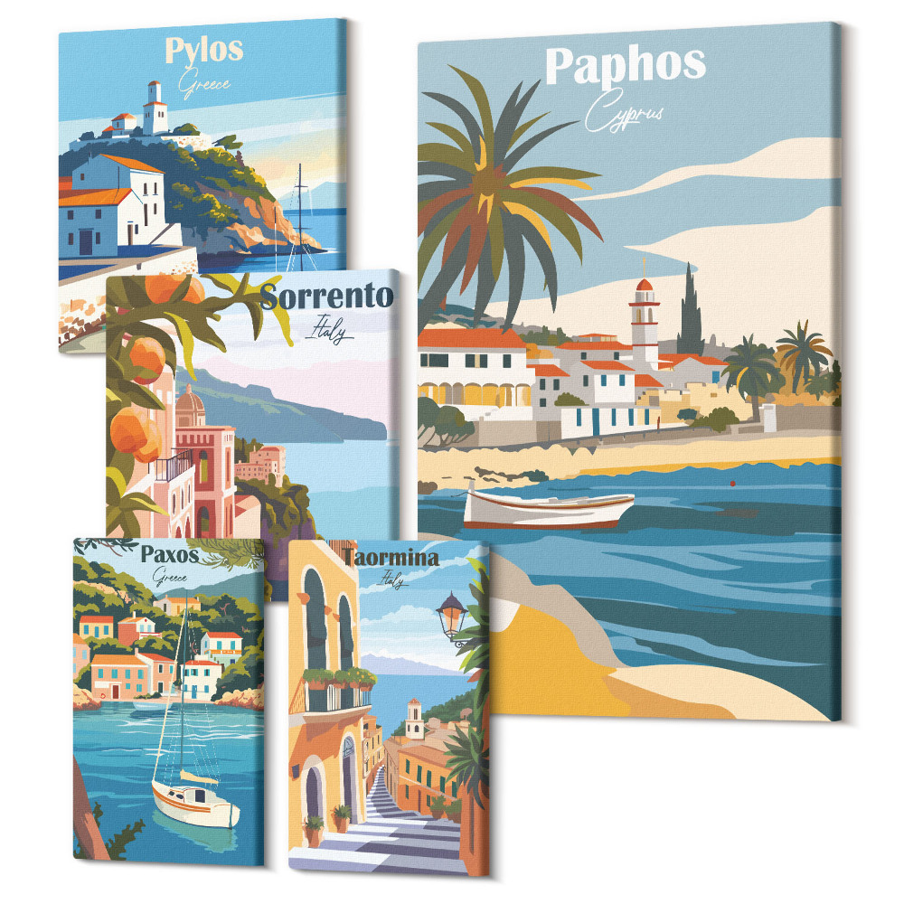 Set tablouri 5 piese Peisaje de litoral cu orașe fermecătoare din Europa