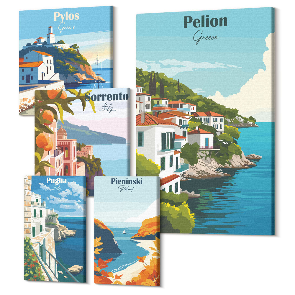Tablouri canvas set 5 piese Peisaje ale insulelor grecești și orașe pitorești
