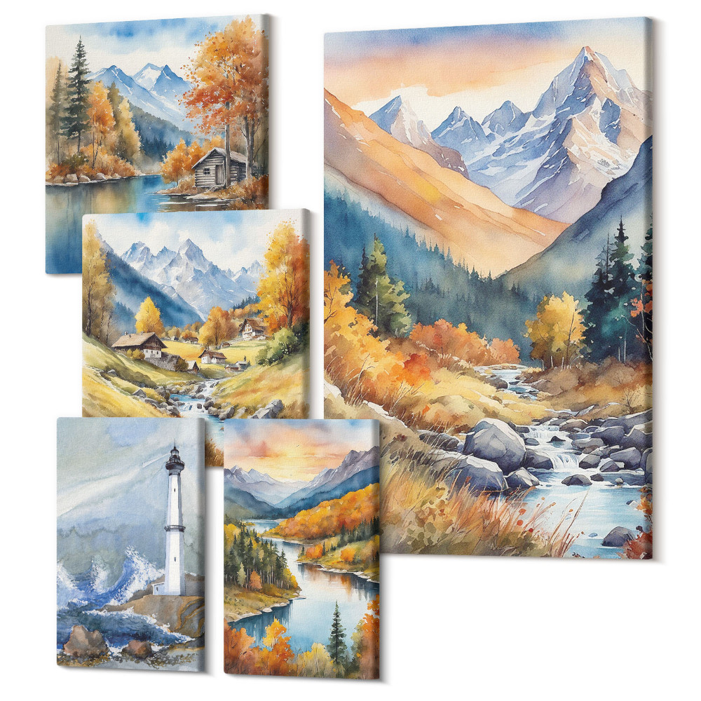 Set tablouri 5 piese Peisaje montane cu râuri și un far