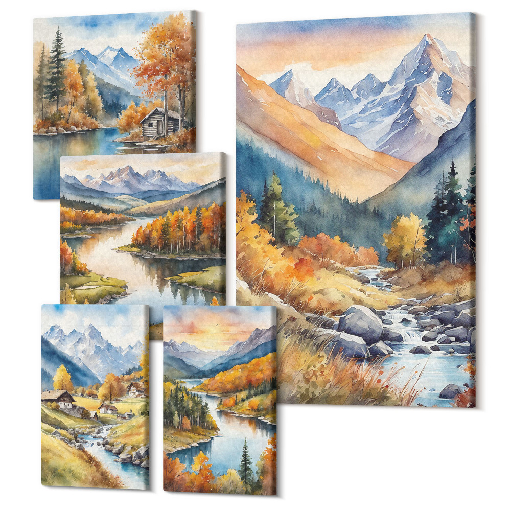 Set tablouri 5 piese Peisaje montane de toamna cu rauri si cabane in padure