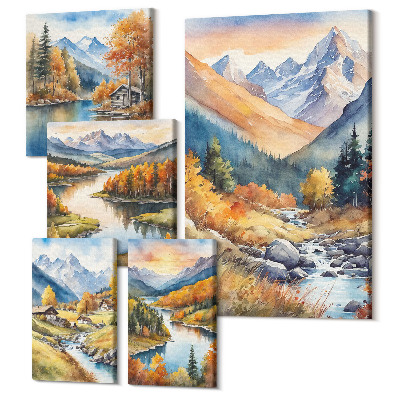 Set tablouri 5 piese Peisaje montane de toamna cu rauri si cabane in padure