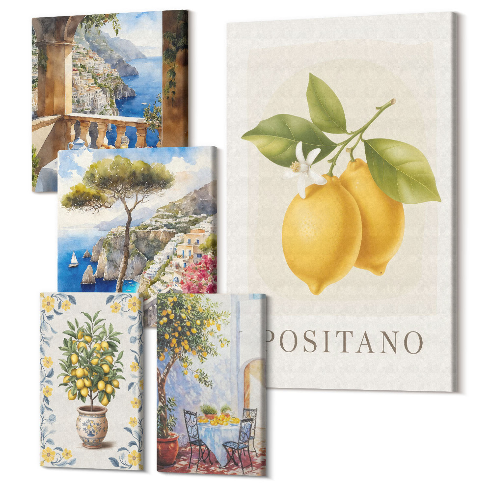 Tablouri canvas set 5 piese Accente de citrice de inspirație mediteraneană și vedere la mare