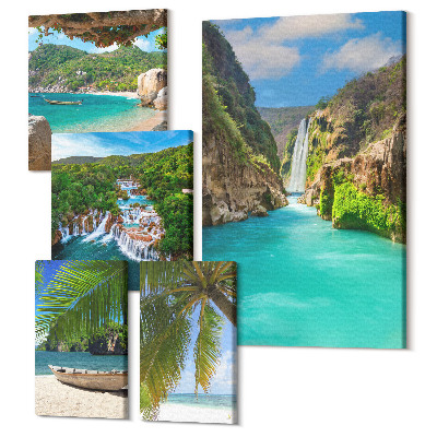 Tablou din 5 piese Peisaje tropicale cu cascade și plaje paradisiace