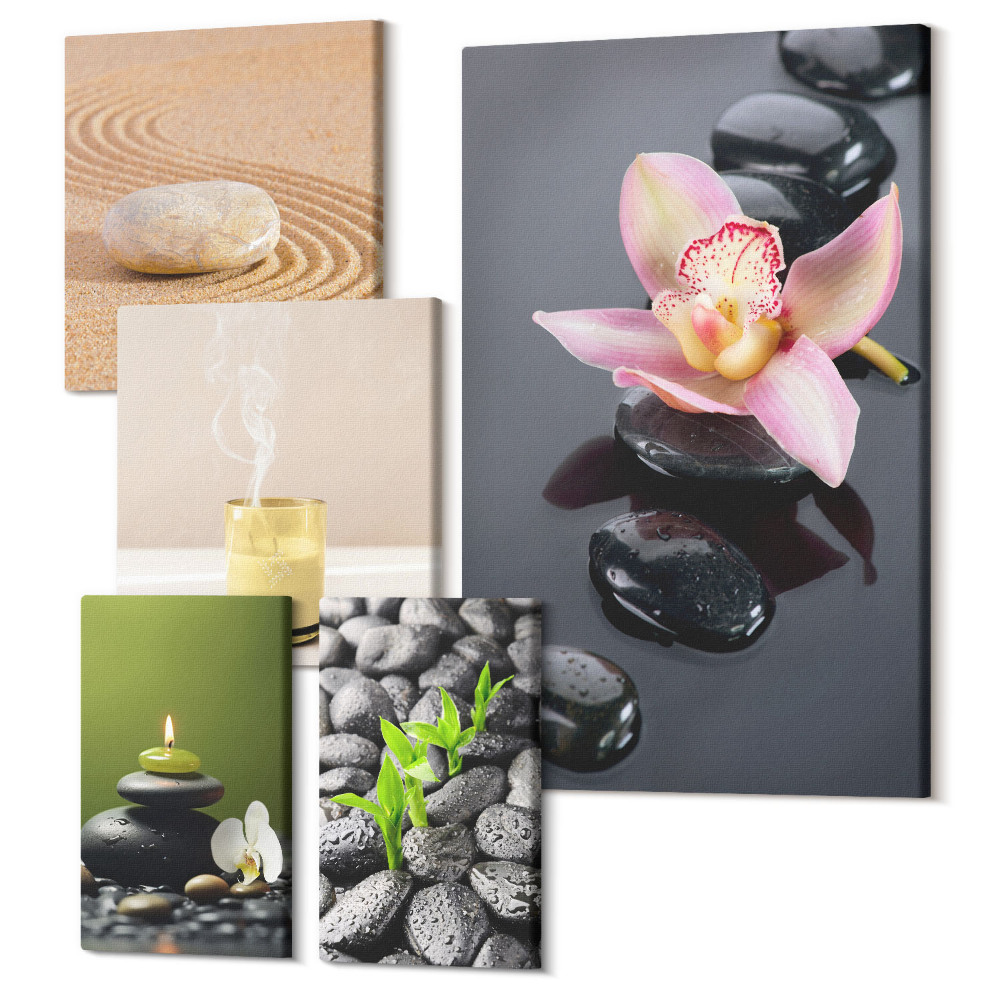 Tablou din 5 piese Motive zen relaxante cu pietre și flori de orhidee