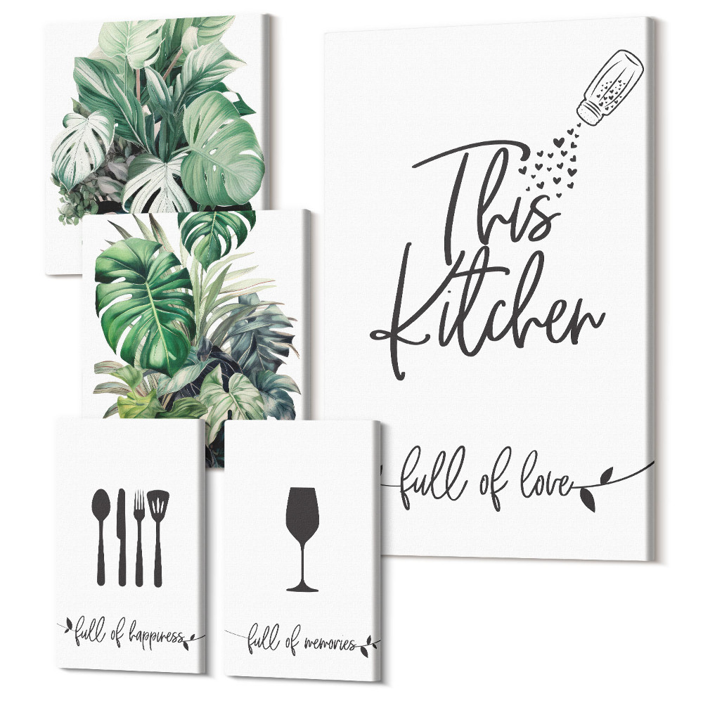 Set tablouri 5 piese Inspirații pentru bucătărie cu plante și sloganuri pozitive