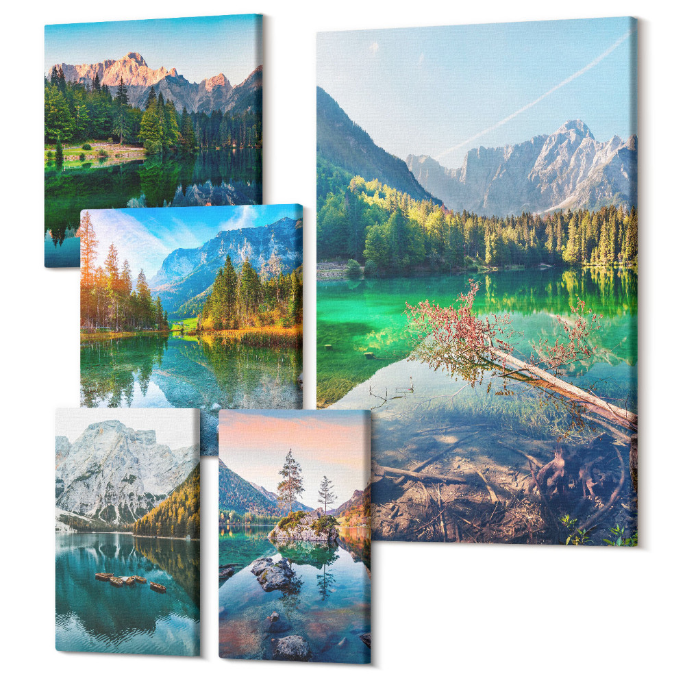 Tablouri canvas set 5 piese Peisaje montane cu lacuri si paduri verzi