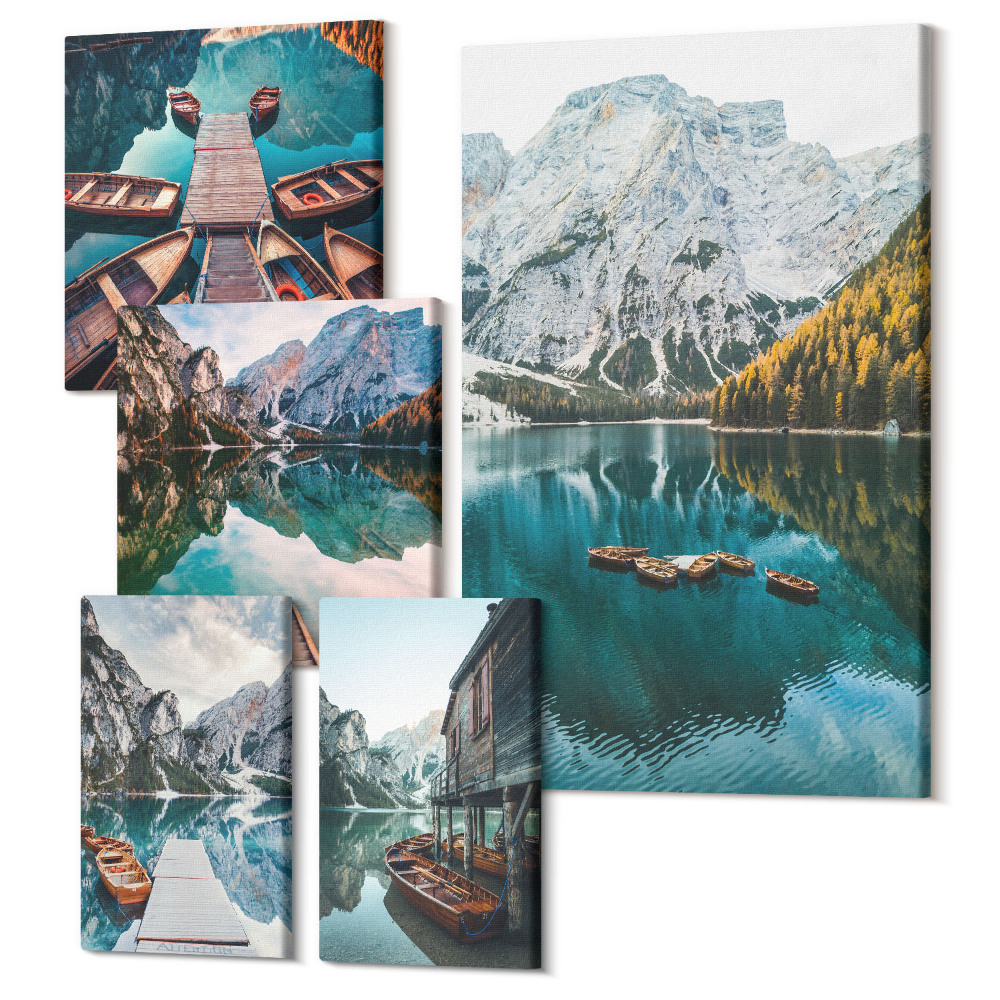 Tablou din 5 piese Lacuri de munte cu bărci din lemn în stil natural