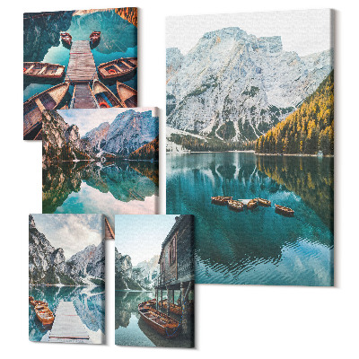 Tablou din 5 piese Lacuri de munte cu bărci din lemn în stil natural