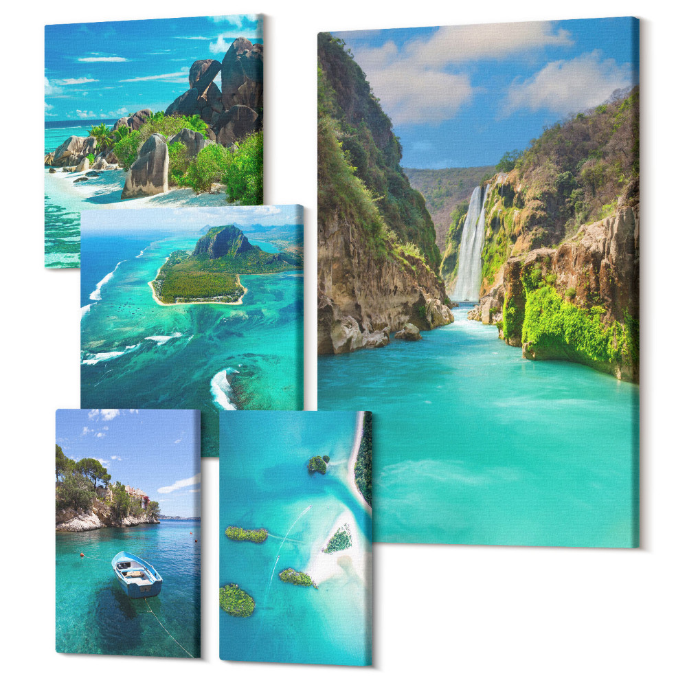 Set tablouri 5 piese Peisaje tropicale cu cascade și plaje paradisiace
