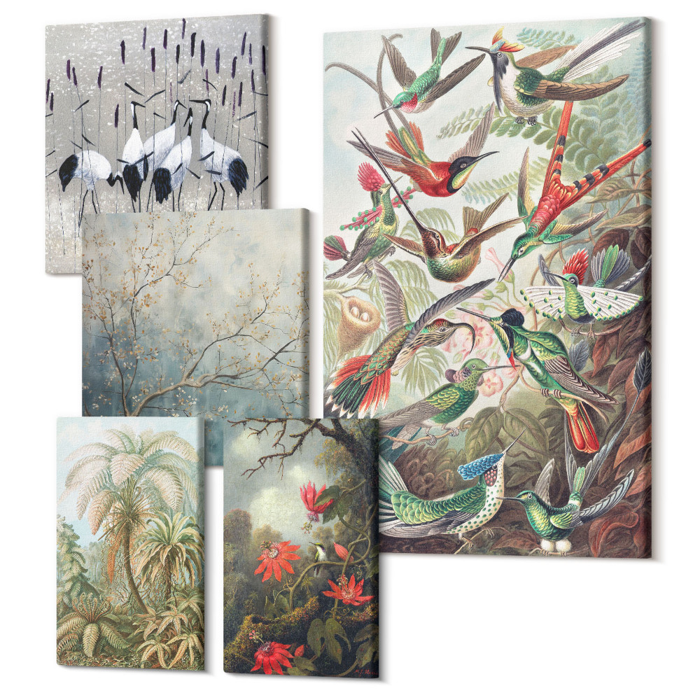 Tablouri canvas set 5 piese Păsări și plante tropicale de epocă