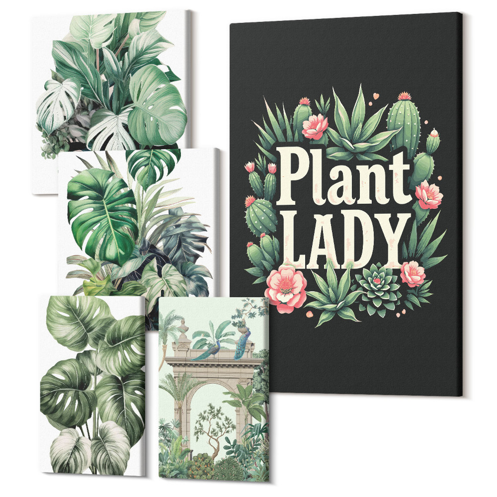 Tablou din 5 piese Accente florale în stil boho pentru iubitorii de verdeață