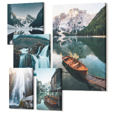 Set tablouri 5 piese Peisaje montane cu cascade si lacuri alpine