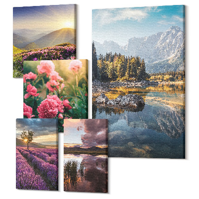 Tablouri canvas set 5 piese Peisaje naturale cu flori și vederi la munte
