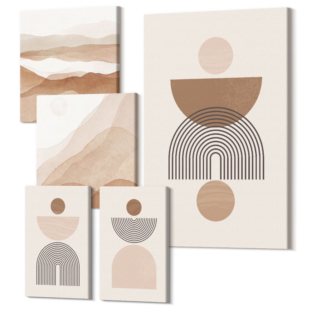 Tablou din 5 piese Compoziții abstracte în tonuri pământii și forme geometrice