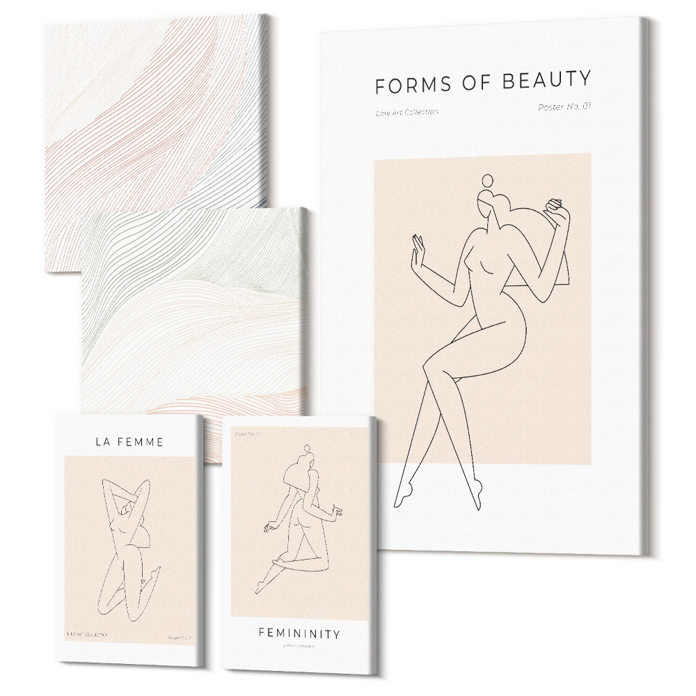 Set tablouri 5 piese Forme de linii frumoase și siluete într-un stil minimalist