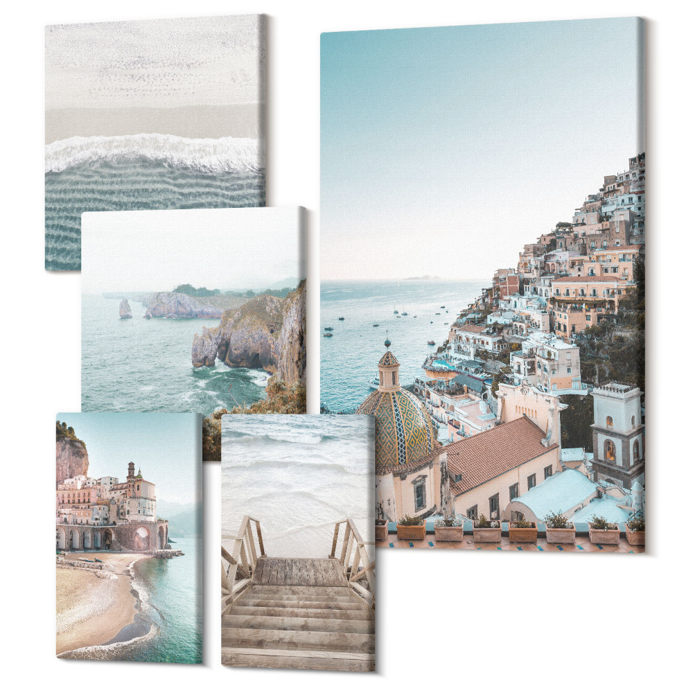 Set tablouri 5 piese Peisaje de coastă cu orașe și plaje fermecătoare