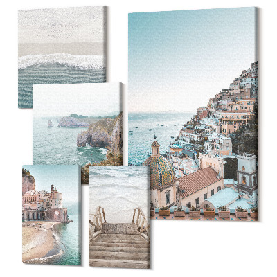 Set tablouri 5 piese Peisaje de coastă cu orașe și plaje fermecătoare