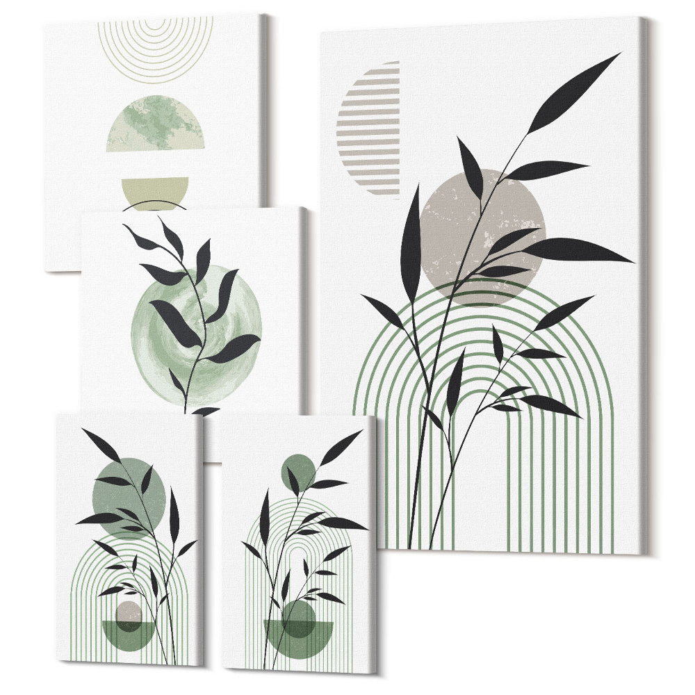 Set tablouri 5 piese Grafică elegantă cu motive vegetale și forme geometrice