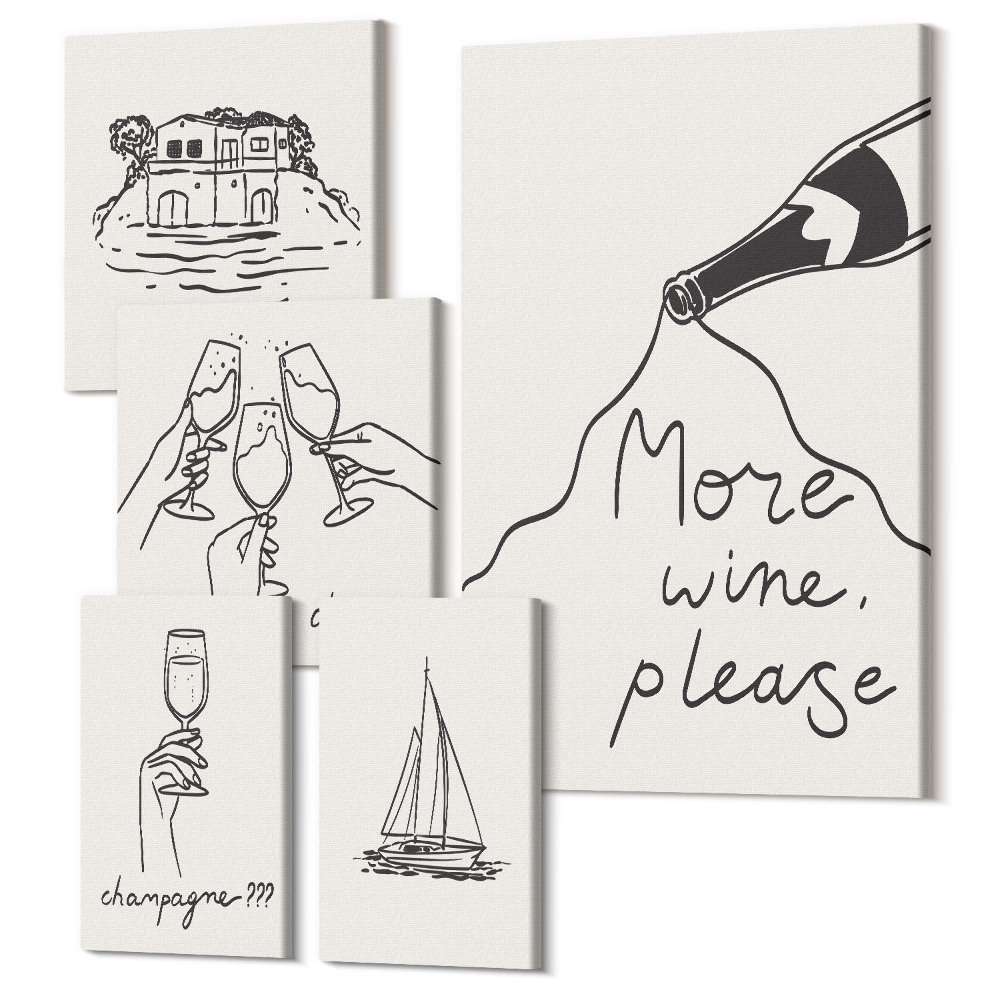 Set tablouri 5 piese Ilustrații elegante de petrecere cu vin și toast