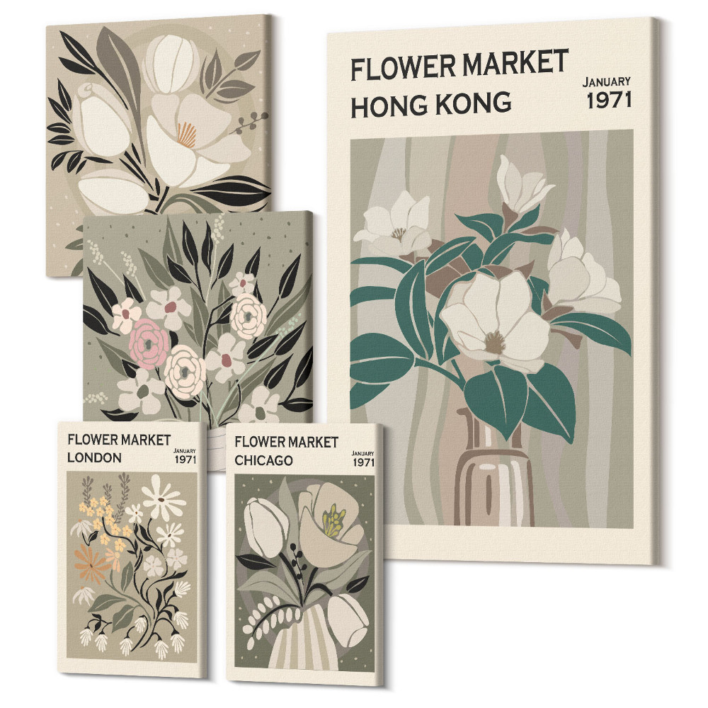 Tablouri canvas set 5 piese Piețe de flori din diverse orașe, stil retro și vintage