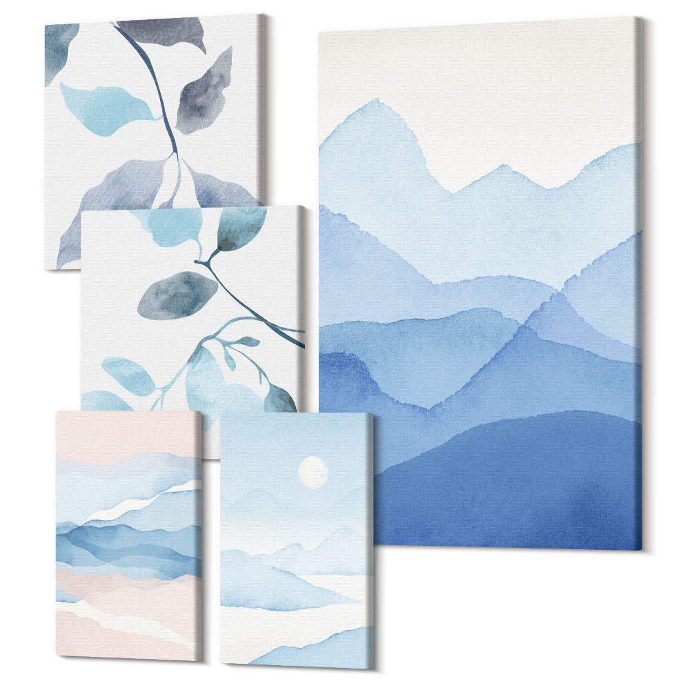 Tablouri canvas set 5 piese Natura în nuanțe de albastru peisaje minimaliste și frunze