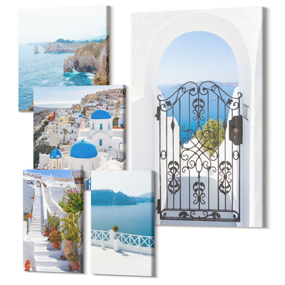 Set tablouri 5 piese Vedere din Santorini la marea albastră și casele albe